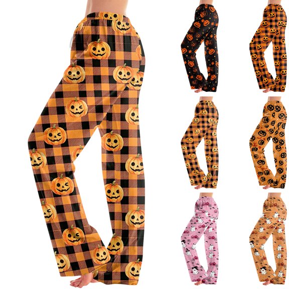 Women Halloween Pajama Pants Pumpkin Ghost Print Elastic High Waisted Lightweight Soft Long Bottoms Lounge Pants 2XL