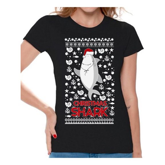 Awkward Styles Xmas Shirts for Women Christmas Shark in Hat T-Shirt