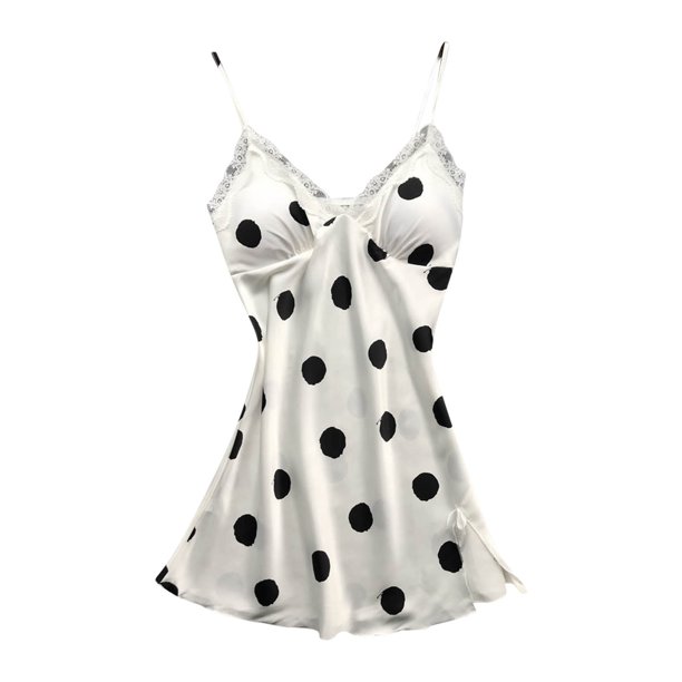 Gibobby Pijamas mujer invierno Mujeres Casual Sexy Home Suspender Camisón Decoración de encaje Polka Dot Print Camisón(Blanco,M)