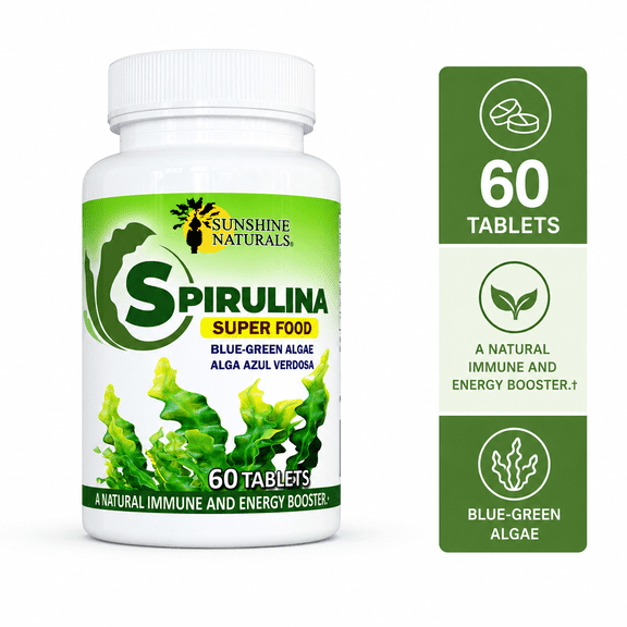 Sunshine Naturals Spirulina Algae Dietary Supplement, 60 Tablets, 500 mg, Superfood, Natural Immune Booster
