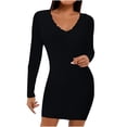 thumbnail image 1 of Womens Knit Ribbed Slim Fitted Dress Long Sleeve Wrap V Neck Solid Short Dress Fall Comfy Mini Dress for Casual Work, 1 of 7