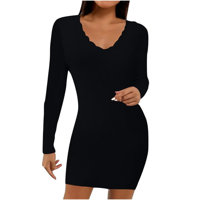 Womens Knit Ribbed Slim Fitted Dress Long Sleeve Wrap V Neck Solid Short Dress Fall Comfy Mini Dress for Casual Work