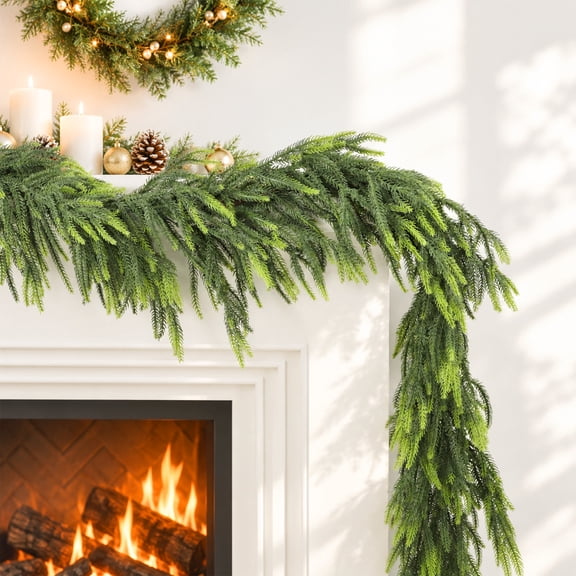 2 Pack 6 FT Norfolk Pine Christmas Garland, Gradient Green Real Touch Artificial Greenery Garland, Bendable Pine Garland for Mantle Fireplace Staircase Indoor Outdoor Holiday Decor