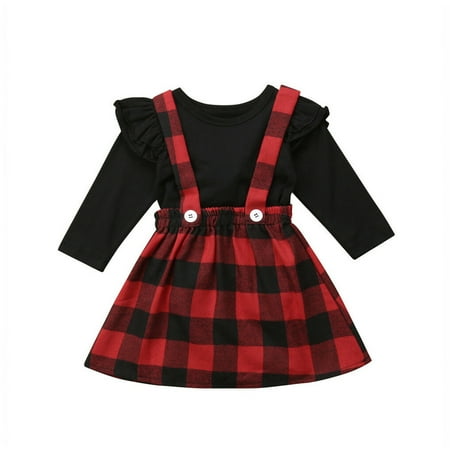 

AmShibel 2PCS Christmas Princess Kids Baby Girls Outfits Clothes Tops T shirt Plaid Overalls Skirts Party Dress Set