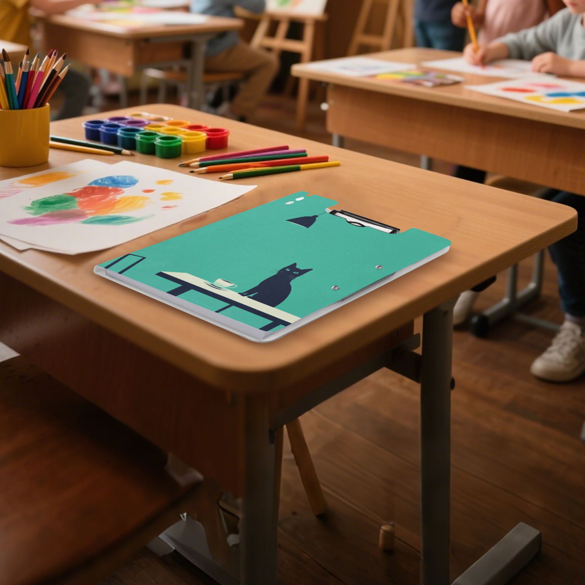 FORMRS A4 Clipboard Folder with Pen Holder Horizontal Foldable School Office Binder, Green Cat