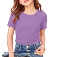 thumbnail image 4 of Gubotare Girls Short Sleeve T-Shirts Kids Rib Knit Slim Fit Tops Summer Fashion Crewneck Tees 9T-10T,Purple, 4 of 4