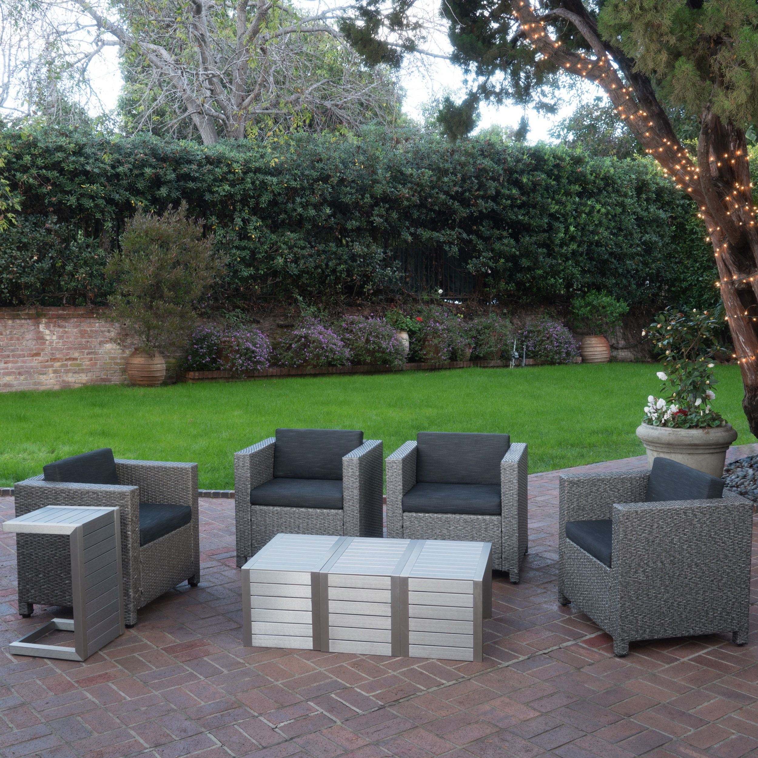 Cascada Outdoor 4 Piece Wicker Club Chairs with Cushions and C-Shaped Tables Set, Silver, Dark Grey, Mixed Black