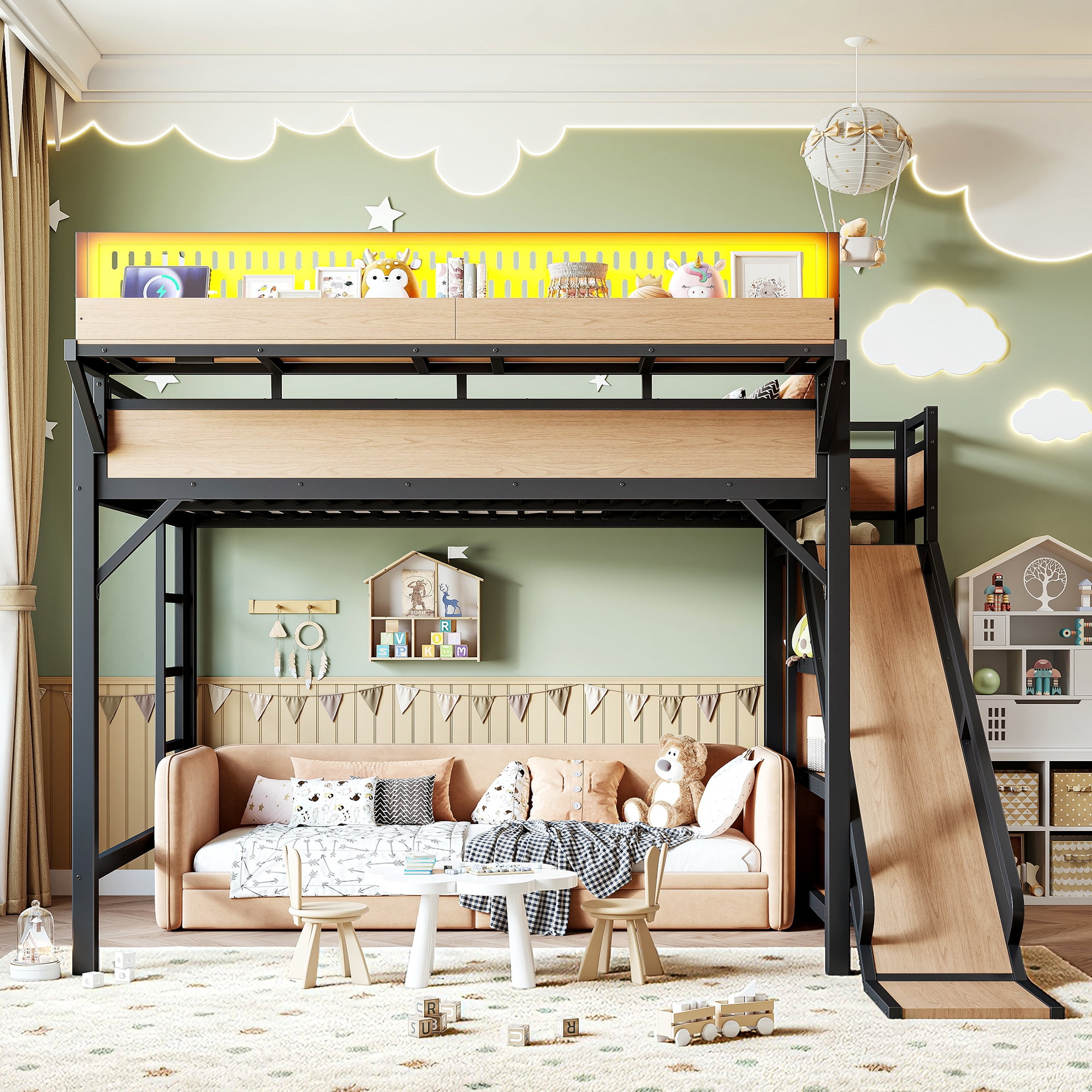 Queen Size Metal Loft Bed with Slide and Storage Shelves, Built-in Wardrobe and USB Ports with LED Lights for Kids, Natural