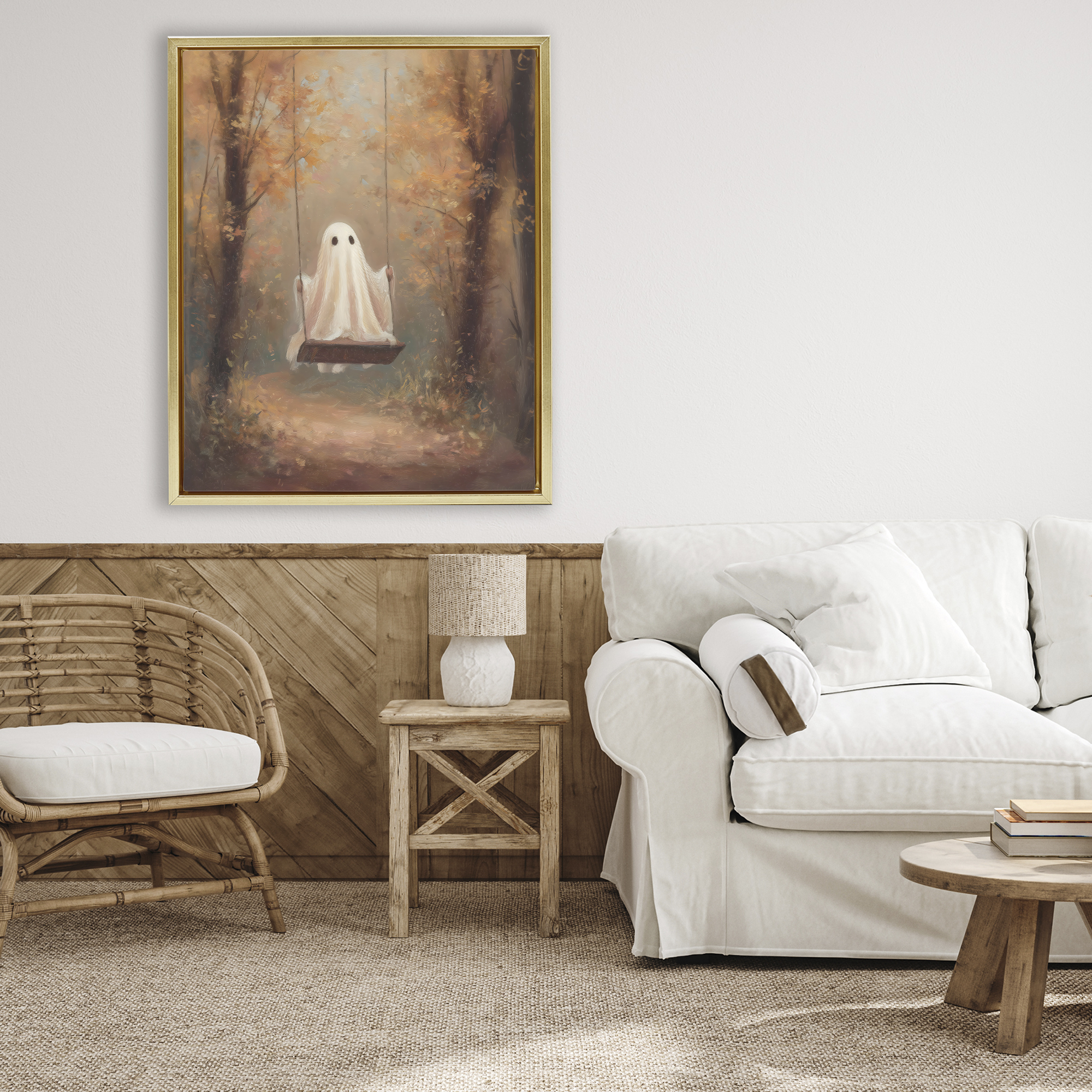 Eerie Swinging Ghost Gold Framed Floater Canvas Wall Art, design by Arlington Prints