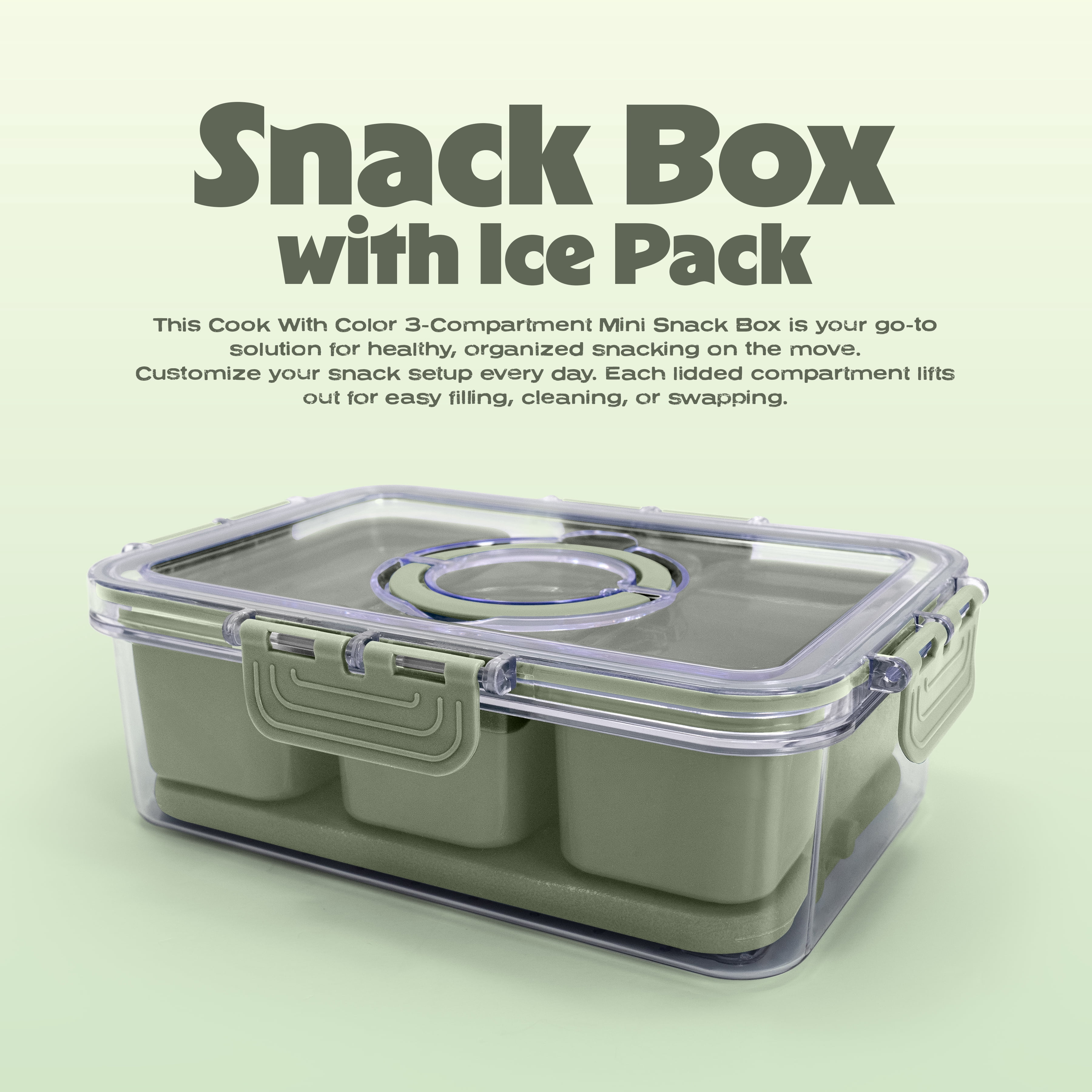 Cook with Color 3-Compartment Portable Snack Box Food Storage Container with Removable Ice Pack, Sage