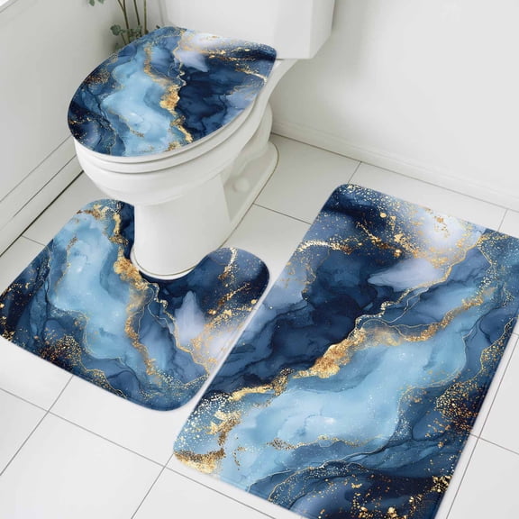 Abstract Marble Bathroom Rugs Set Luxury Gorgeous Blue Gold Ocean Non Slip Absorbent Soft Bath Mats 3 Piece Set with Bathroom Rug, U-Shaped Floor Mat, Toilet Seat Cover Small Size