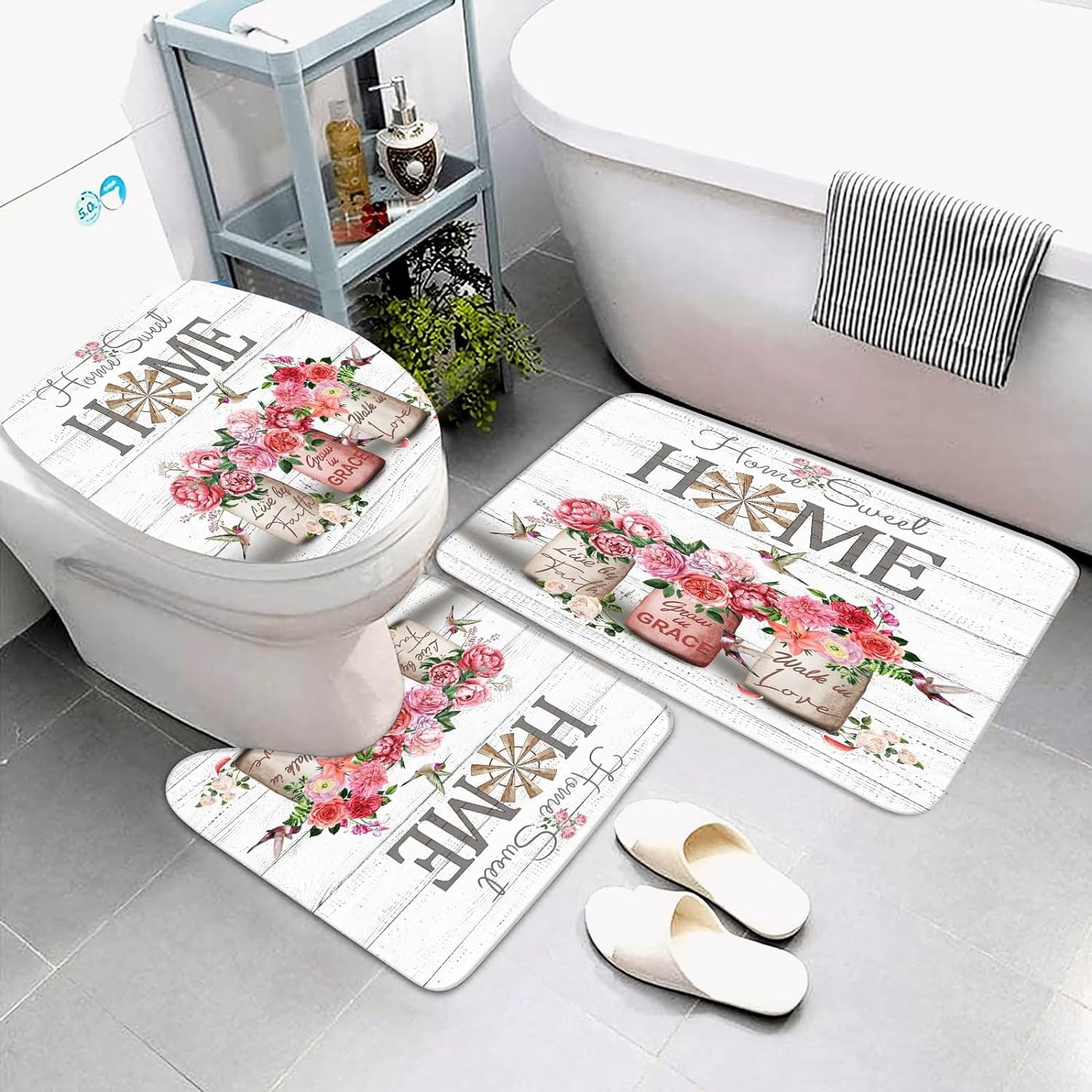 4 PCS Red Rose Peony Shower Curtain Sets Home Sweet Bathroom Set with Shower Curtain and Rugs and Accessories Farmhouse Country Shower Curtain Bathroom Decor with 12 Hooks 72 X 72 Inch