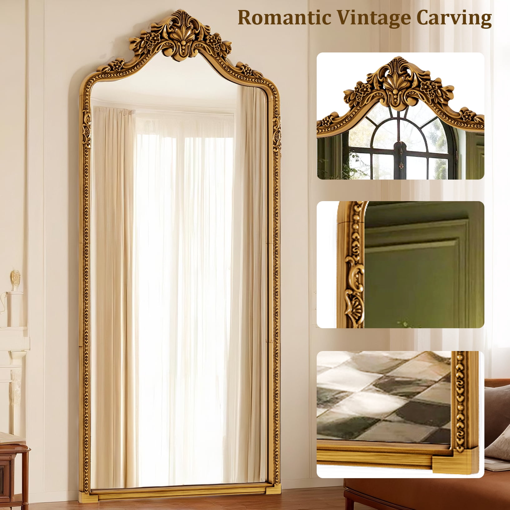 Easy4Home 71"x32" Arched Full-Length Floor Mirror, Luxurious Vintage Design with Ornate Carving, Antique Gold