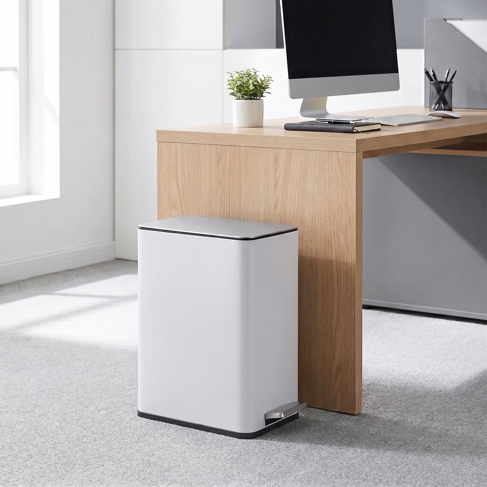 Simplykleen15L/4 Gallon Rectangular Step Trash Can Stainless Steel Garbage Can with Removable Inner Bucket For Kitchen Bathroom Office White