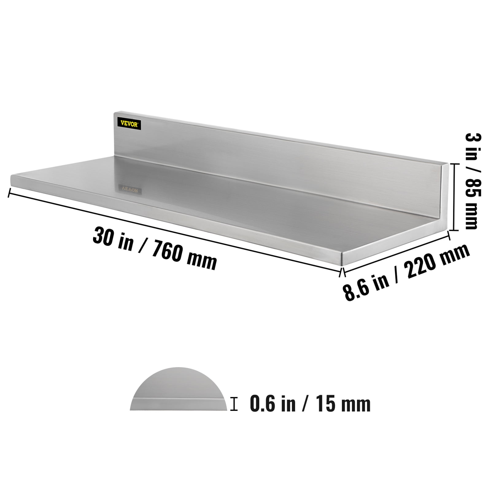 VEVOR Stainless Steel Shelf 24 in. x 8.6 in. Wall Mounted Floating Shelving  with Brackets Pantry Organizers, Silver BGSCTTLL86242HBE0V0 - The Home Depot