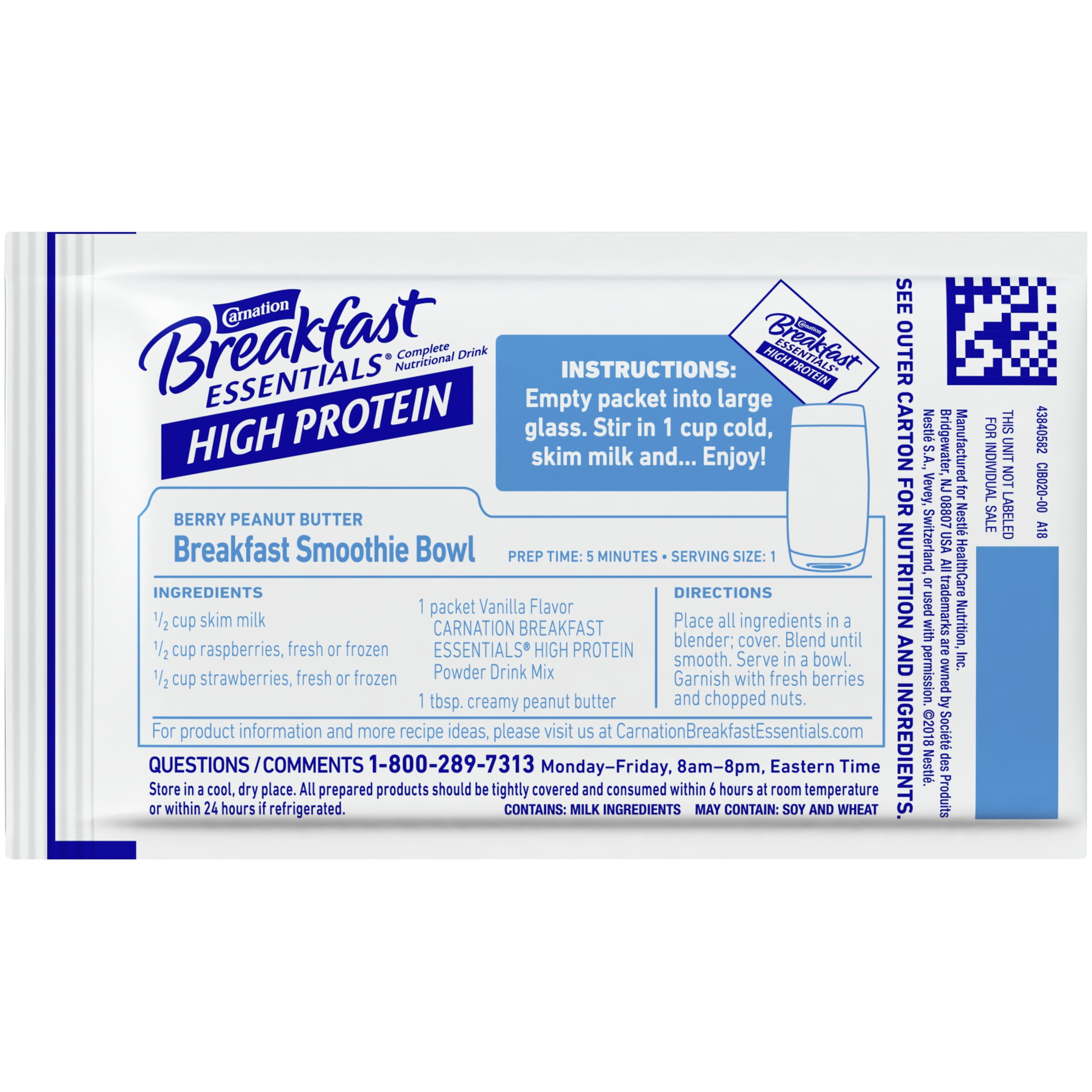 Carnation Breakfast Essentials High Protein Powder Nutritional Breakfast Drink Mix, Classic French Vanilla, 8 - 1.27 OZ Packets