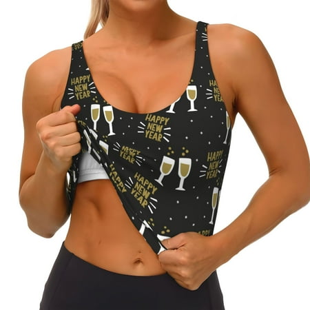 Qokaie Happy New Year Pattern Womens Scoop Neck Sports Bra Breathable Workout Vest Padded U Back Medium Impact Fitness Gym Yoga Bra Workout Crop Top