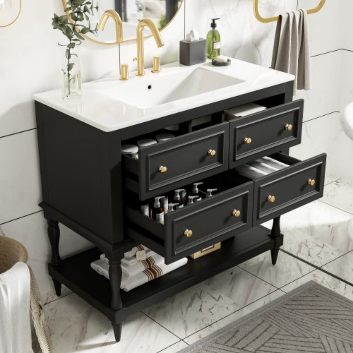 36" Bathroom Vanity with Sink, Freestanding Bathroom Vanity Cabinet with Undermount Ceramic Sink, Solid Wood Frame, 4 Drawers, Large Storage Shelf, Black
