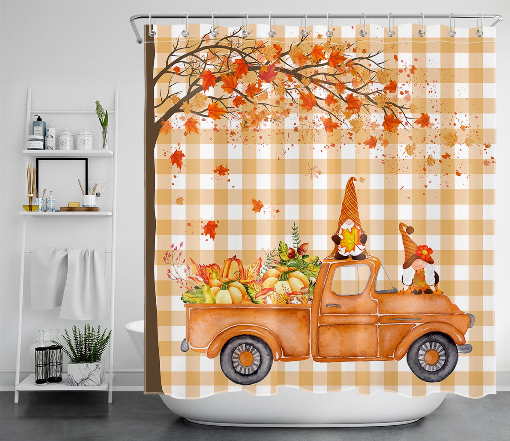 HVEST Autumn Maple Leaves Shower Curtain, Fall Harvest Pumpkin and Gnome in Retro Truck on Checkered Farmhouse Shower Curtains Vintage Waterproof Fabric Bath Curtain with Hooks, 72x78 Inches