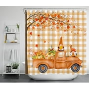 HVEST Autumn Maple Leaves Shower Curtain, Fall Harvest Pumpkin and Gnome in Retro Truck on Checkered Farmhouse Shower Curtains Vintage Waterproof Fabric Bath Curtain with Hooks, 72x78 Inches