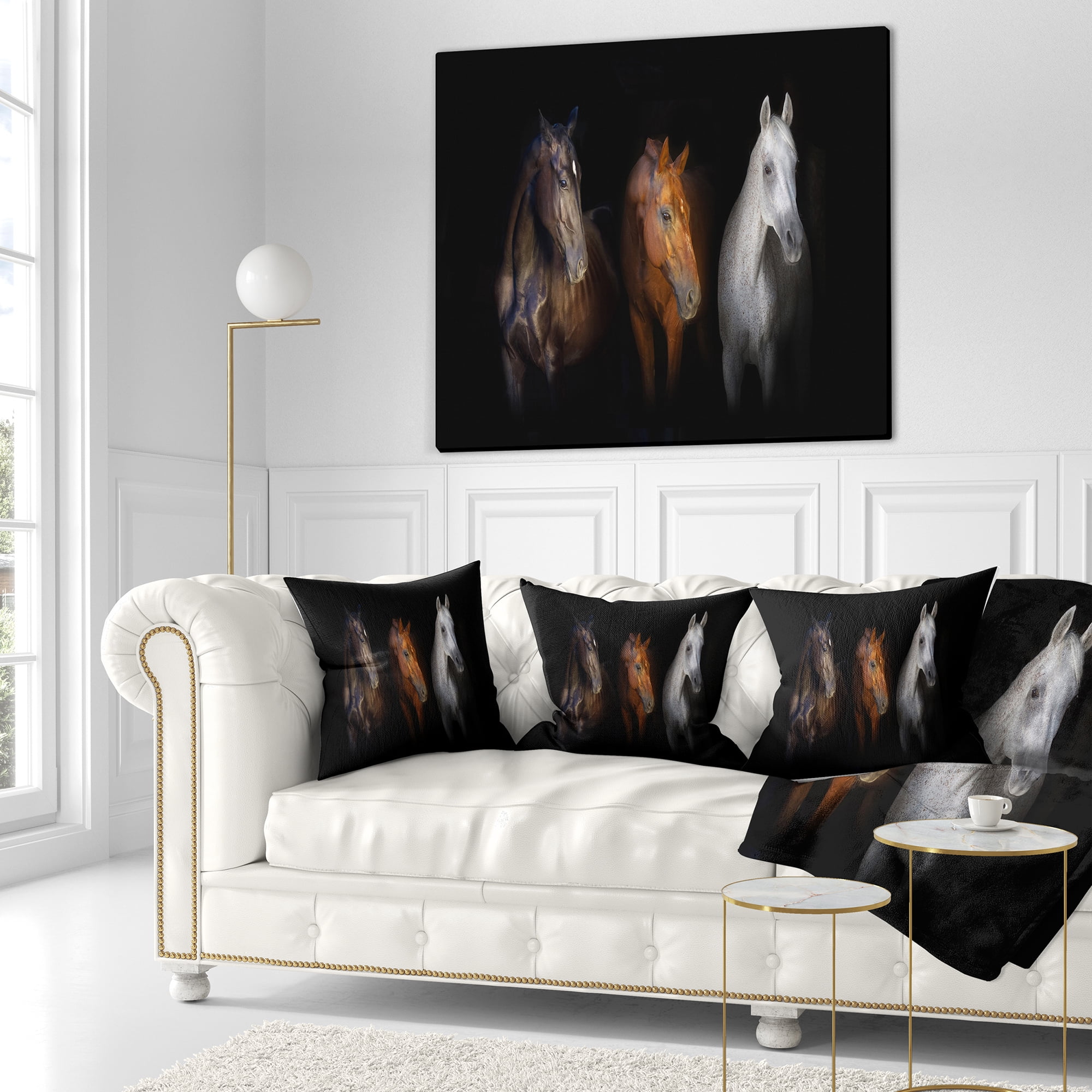 Designart Black Red and White Horses - Animal Throw Pillow - 18x18
