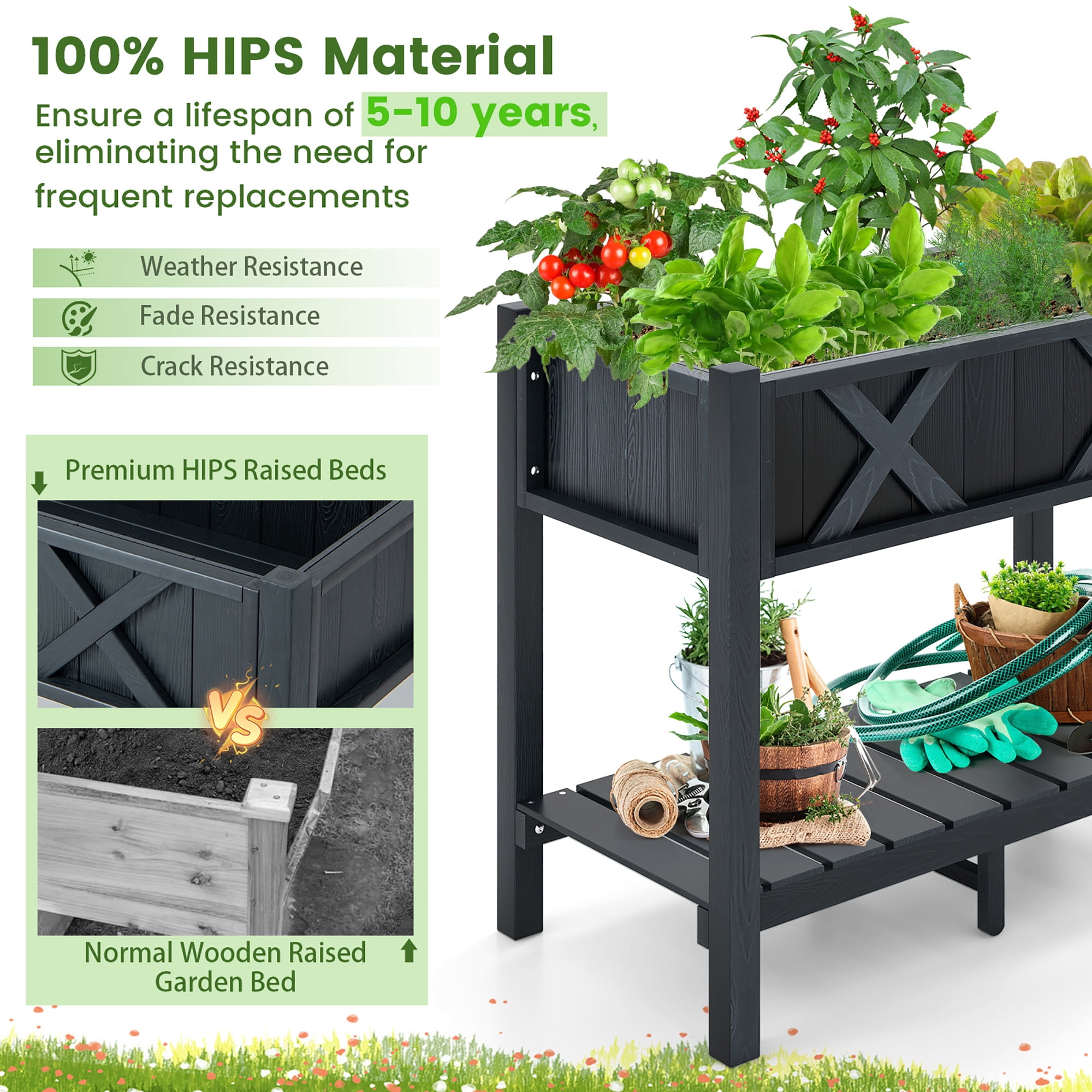 Gymax HIPS Raised Garden Bed Poly Wood Elevated Planter Box w/ Legs & Storage Shelf Black
