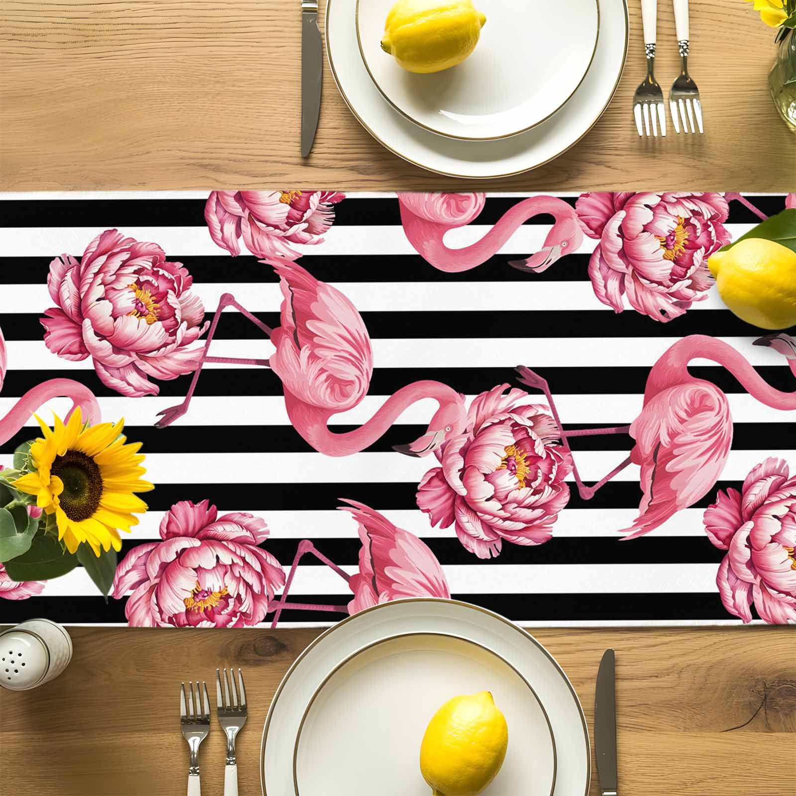 Tropical Pink Flamingo Flower Table Runner 90 Inches Long, White Black Modern Stripe Table Runners Tabletop Scarf Kitchen Dining Tables Decoration for Home Party Indoor Outdoor