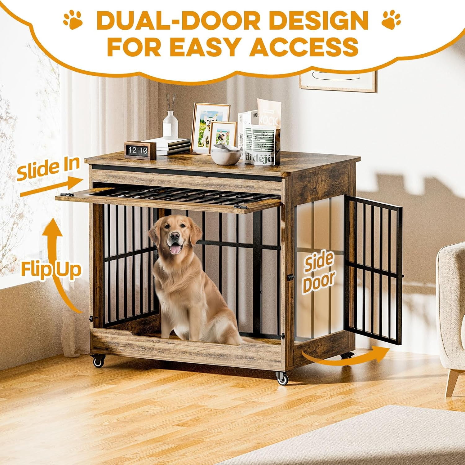42" Wooden Dog Crate Furniture with Double Door, Lockable Wheels & Blackout Curtain, Decorative Indoor Pet Kennel End Table for Large Breed Dogs, Rustic Brown
