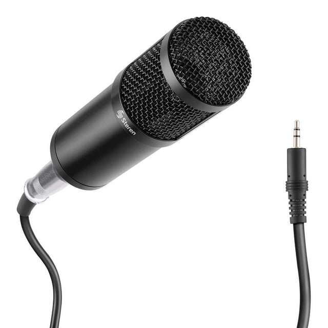 micrófono profesional de condensador con filtro y suspensión mic-650 micrófono condensador unidireccional Steren negro, vista diagonal frontal con rejilla esférica y cuerpo cilíndrico, cable XLR visible que termina en jack 3.5 mm de 2.4 m; se muestra con soporte antivibración y filtro anti-ruido, ideal para grabaciones de voz, podcasts y streaming, y también apto para capturar instrumentos en casa.