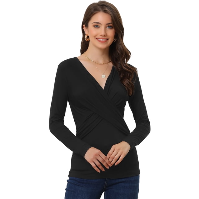 Blusa de Manga Larga para Mujer Blusa Informal con Cuello en V y Diseño de Parte Cruzada Delantera Negro XS