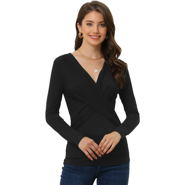Blusa de Manga Larga para Mujer Blusa Informal con Cuello en V y Diseño de Parte Cruzada Delantera Negro XS