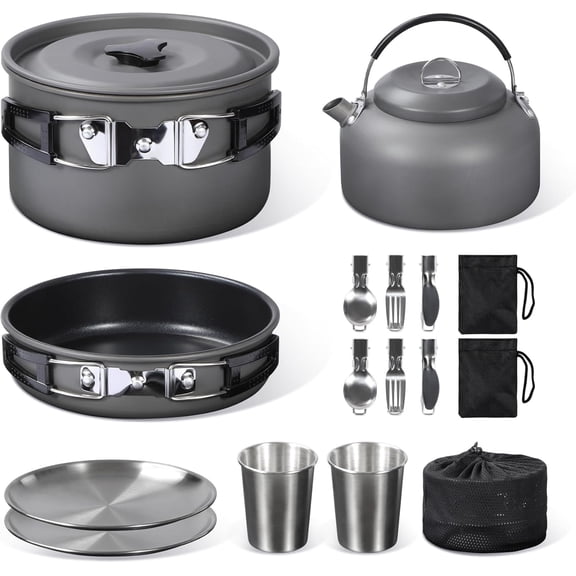 REDCAMP Camping Cookware Mess Kit, Camping Gear Campfire Utensils, Lightweight Portable Pot Pan Bowls Soup Spoon with Storage Bag for 2-3 People