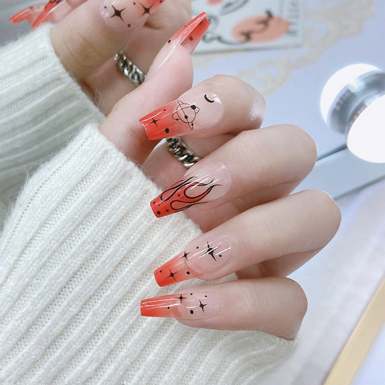 WOXINDA Acrylic Clear Nail Tips Long Long Nails Acrylic Starry Flame Press On Nails Gradient French False Nail Tips Color Painting False Nail Patch
