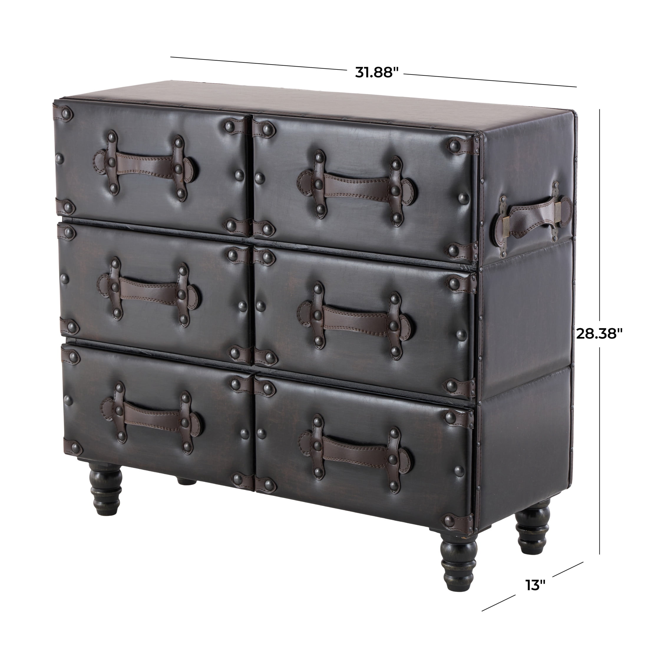 DecMode 32" x 28" Black Wood Vintage Faux Leather Chest with Rivets and Straps Detailing, 1-Piece