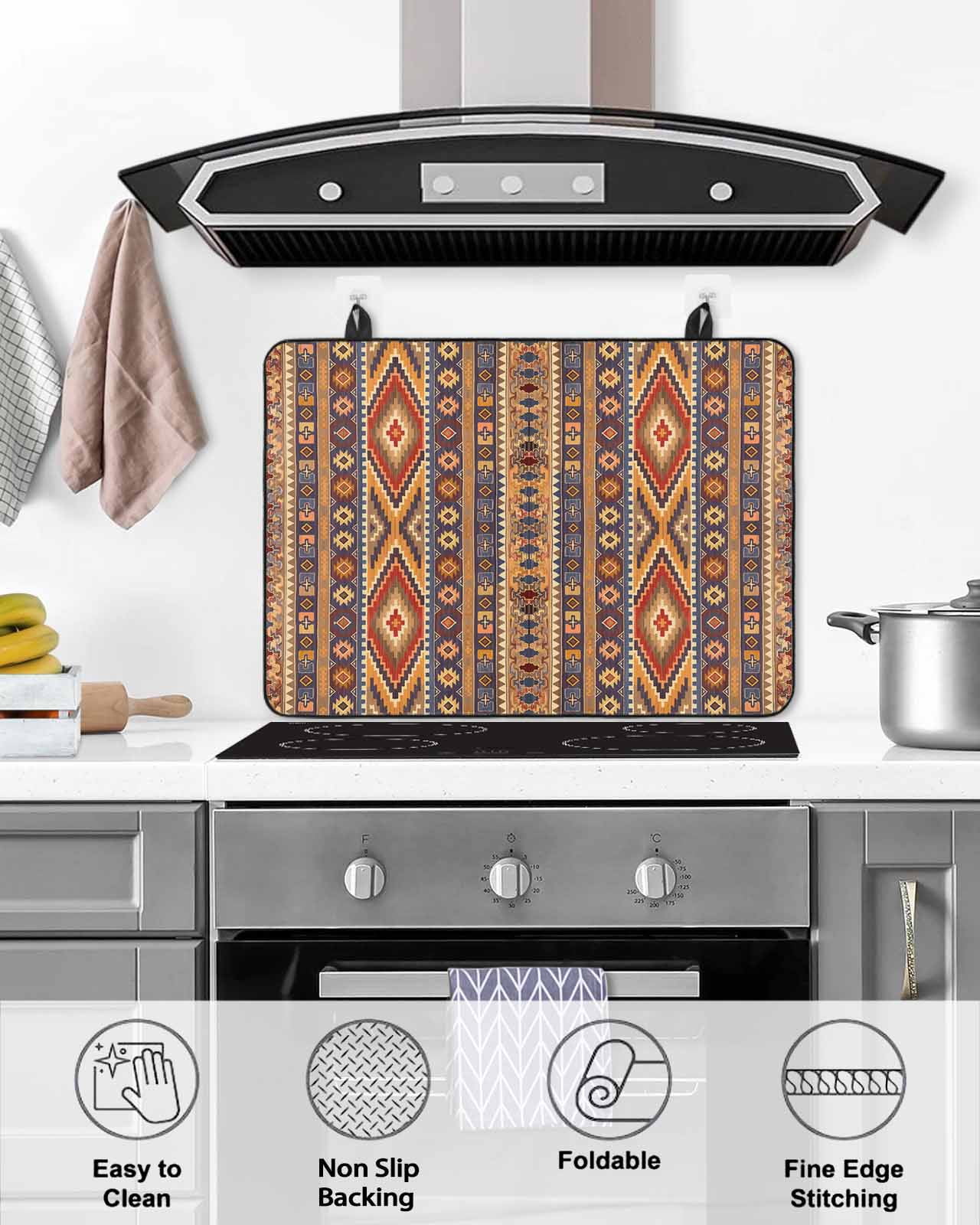 nqOlkjepod Large Induction Cooktop Protector Mat 24"x21", Southwest Boho Stove Top Covers for Electric Stove, Retro Farmhouse Abstract Geometric Striped Stove Burner Cover Mats Stove Cover