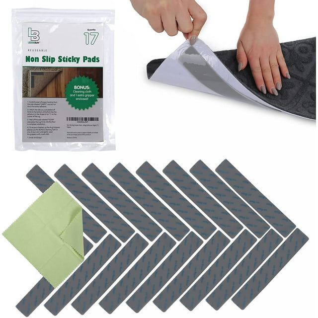 Ledgebay Rug Pad Grippers for Area Rugs - Pack of 17 Reusable, No Skid, Washable, Anti-Slip, Rug Pad Gripper for Hardwood Floors and Tile with Double-Sided, Self Adhesive to Keep Area Rugs Flat (Gray)
