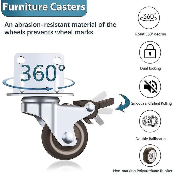 Huacreate ruedas para muebles de servicio pesado con freno, juego de 4 ruedas, goma, pequeñas, 32 mm, ruedas de servicio pesado en forma de L,