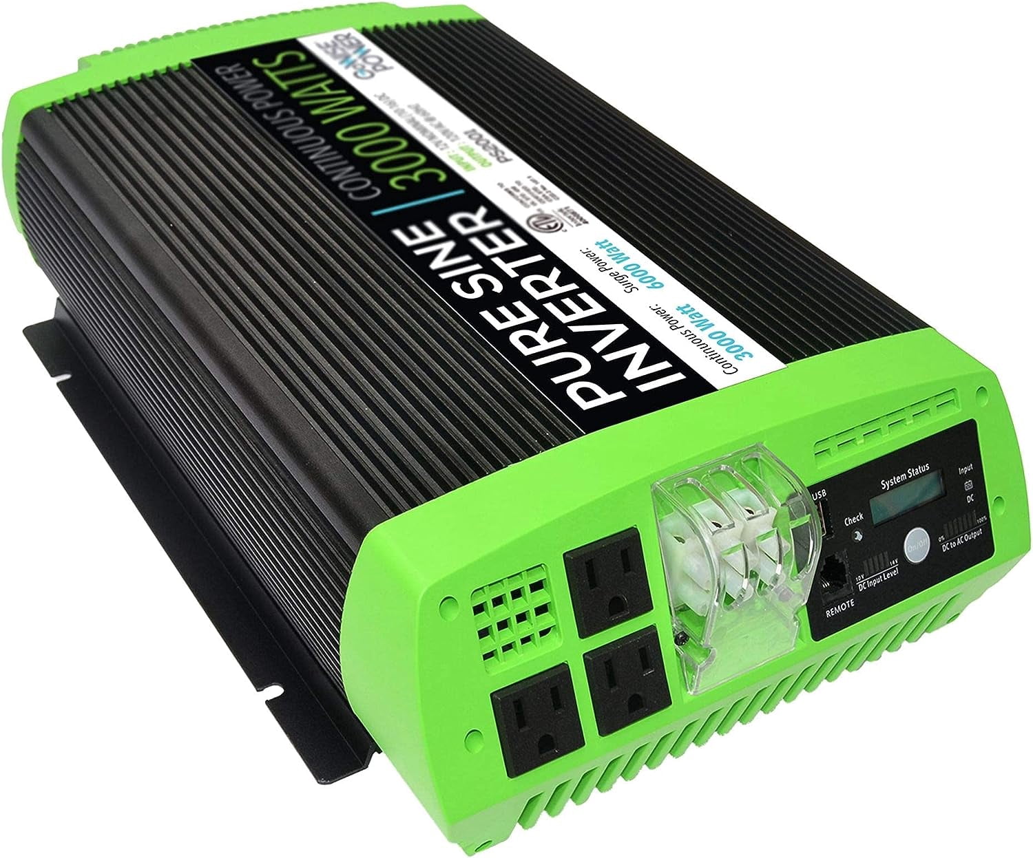 GoWISE Power 3000W Continuous 6000W Surge Peak Power Pure Sine Wave Inverter w/Digital LCD Display, Black/Green (PS2001) 3000W Cont. / 6000W Surge Digital