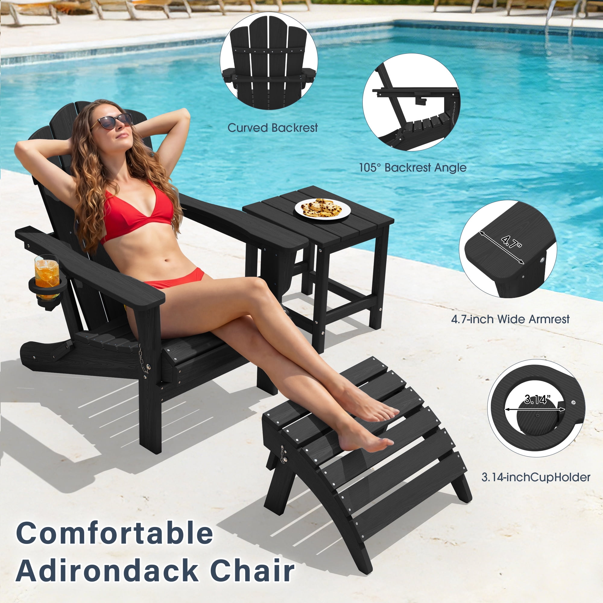 KINGYES Folding Adirondack Chair with Cup Holder, HDPE All-Weather Folding Adirondack Chair, Fir Pit Chairs for Patio Garden Backyard