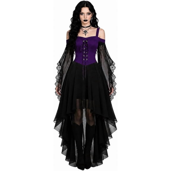 Halloween Costumes - Witch Costume Women Halloween Dresses 2026, Adult Medieval Vampire Butterfly Sleeve Gothic Outfits for Halloween Cosplay Party, Purple, Size:S
