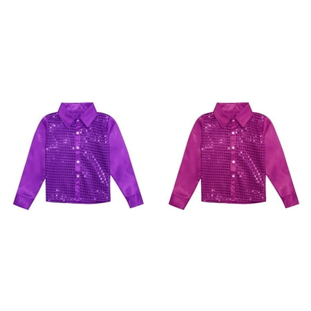 2-Pack Kids Sparkly Sequins Dance Top Boys Long Sleeve Button Down Shirt For Jazz Dance Performance Top Tee Youth Compression Fit Apparel Basketball Shirt Basketball Apparel Top Tops for Kids