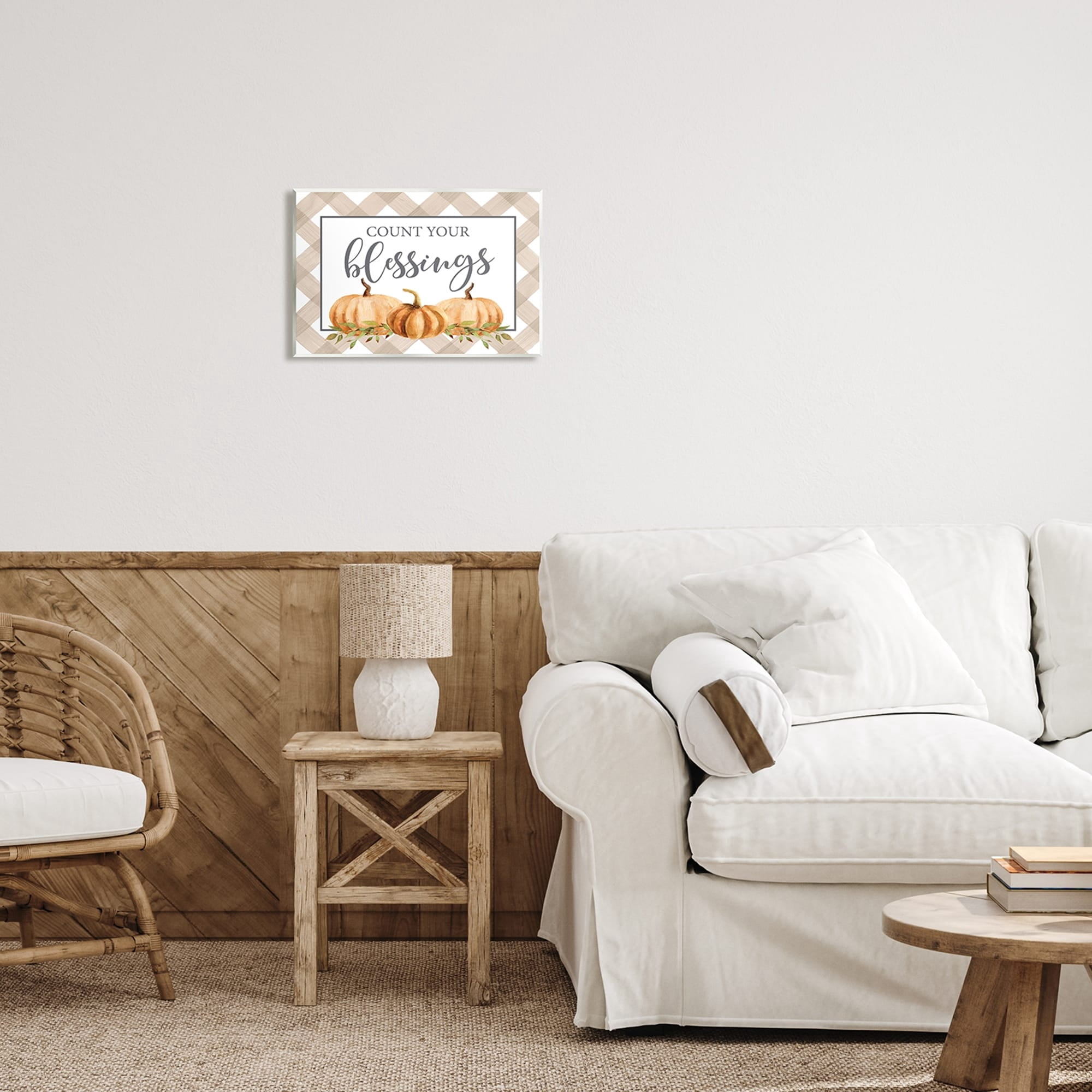 Stupell Industries Count Your Blessings Thankful Pumpkin Tartan Design Graphic Art Unframed Art Print Wall Art, Design by Lettered and Lined