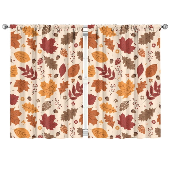 Rustic Fall Leaves & Pumpkins Kitchen Curtains - 2 Piece Set with Harvest Season Theme, Tier Window Treatment Panels, 42x63 Inch