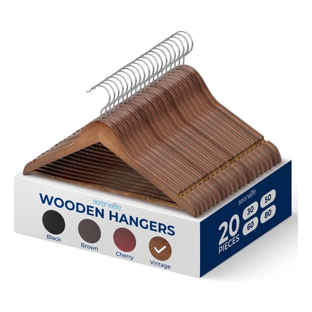 Ganchos de Madera Premium Serenelife, Ahorradores de Espacio, Resistentes, con Gancho Metálico Giratorio de 360°, para Abrigos, Pantalones y Vestidos, Vintage, Pack 20