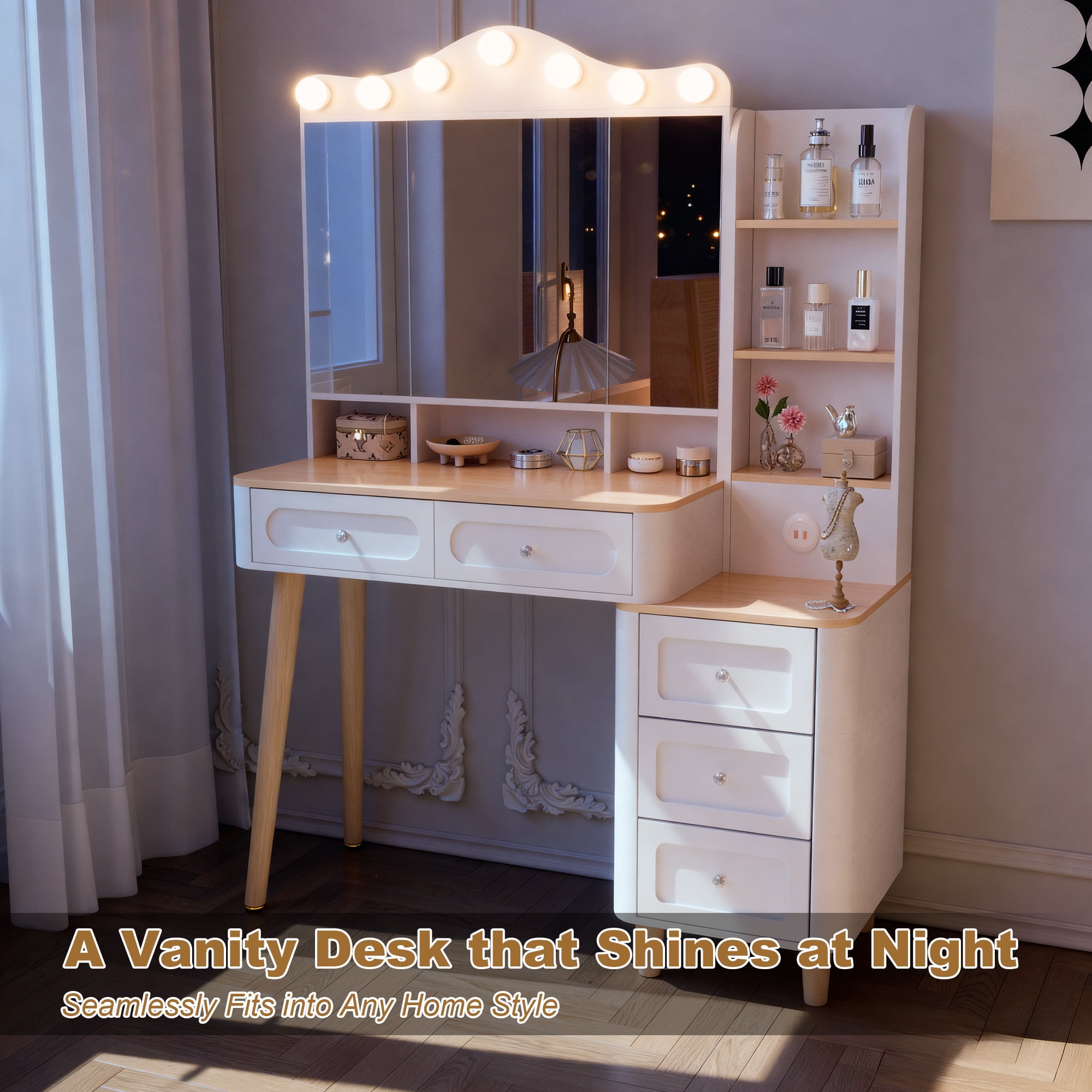 Yoneston Vanity Desk with Large Adjustable Light Mirror and 2 USB Ports, Makeup Table with 5 Drawers and 6 Open Shelves Storage for Bedroom,Dressing Room, White