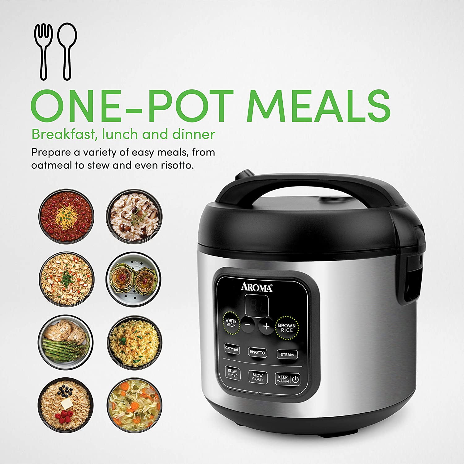 Aroma 8-Cup (Cooked) / 2Qt. Digital Rice & Grain Multicooker, Slow Cooker,  Automatic Keep Warm Mode, Steam Tray Included, Stainless Steel (ARC-994SB)
