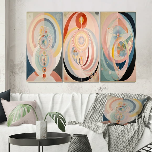 Designart "Cosmic Renewal Vintage Spiritual Art II" Abstract Painting Wall Art Set Of 3 - Modern Pink Gallery Set For Office Decor