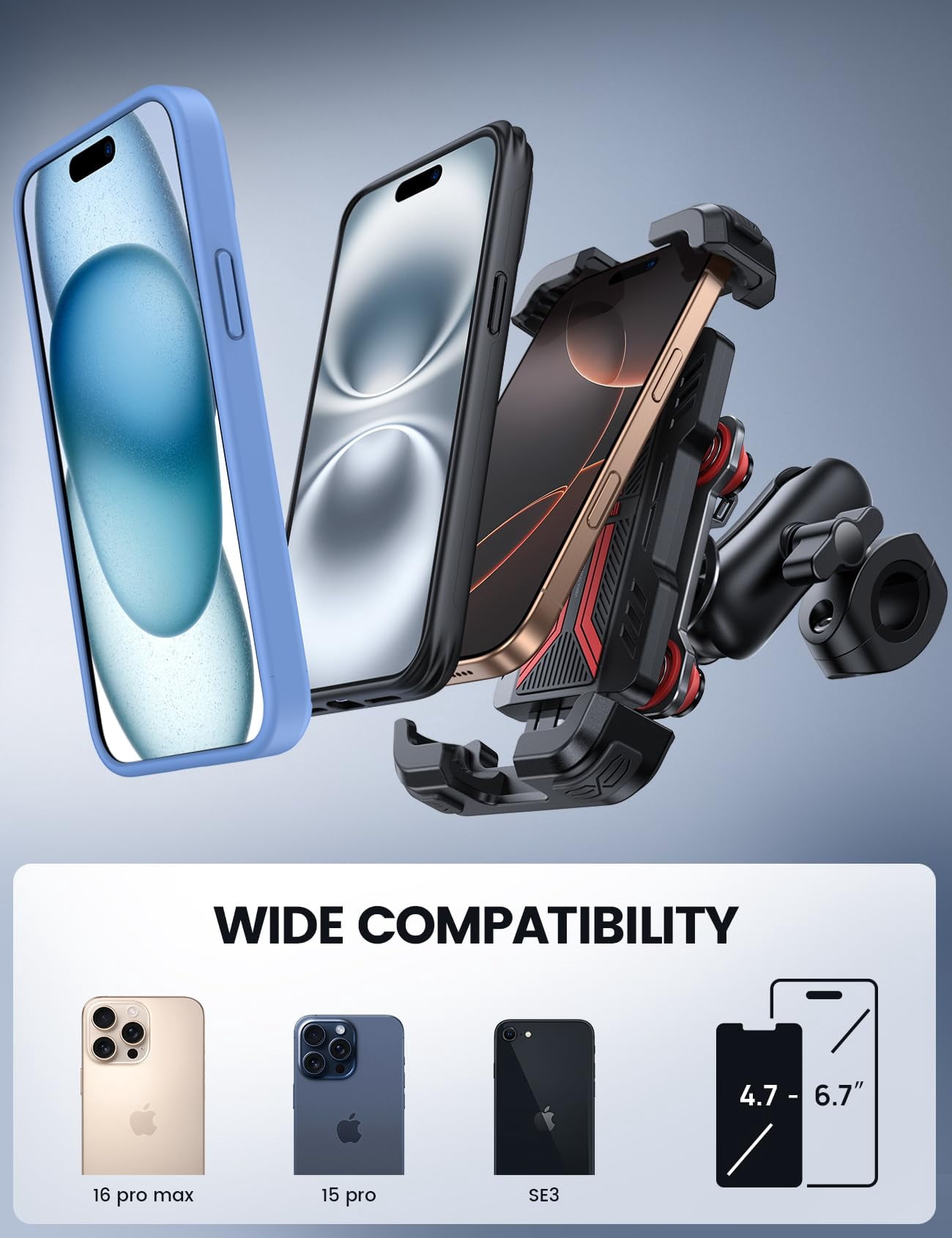 Motorcycle Phone Mount Holder - [Dual Vibration Dampener] [Metal Adjustment Arm] Motorcycle Cell Phone Holder, Bike Handlebar Phone Mount, Gifts for iPhone 16 15 14 Pro Max, 4.7-6.7" Phones