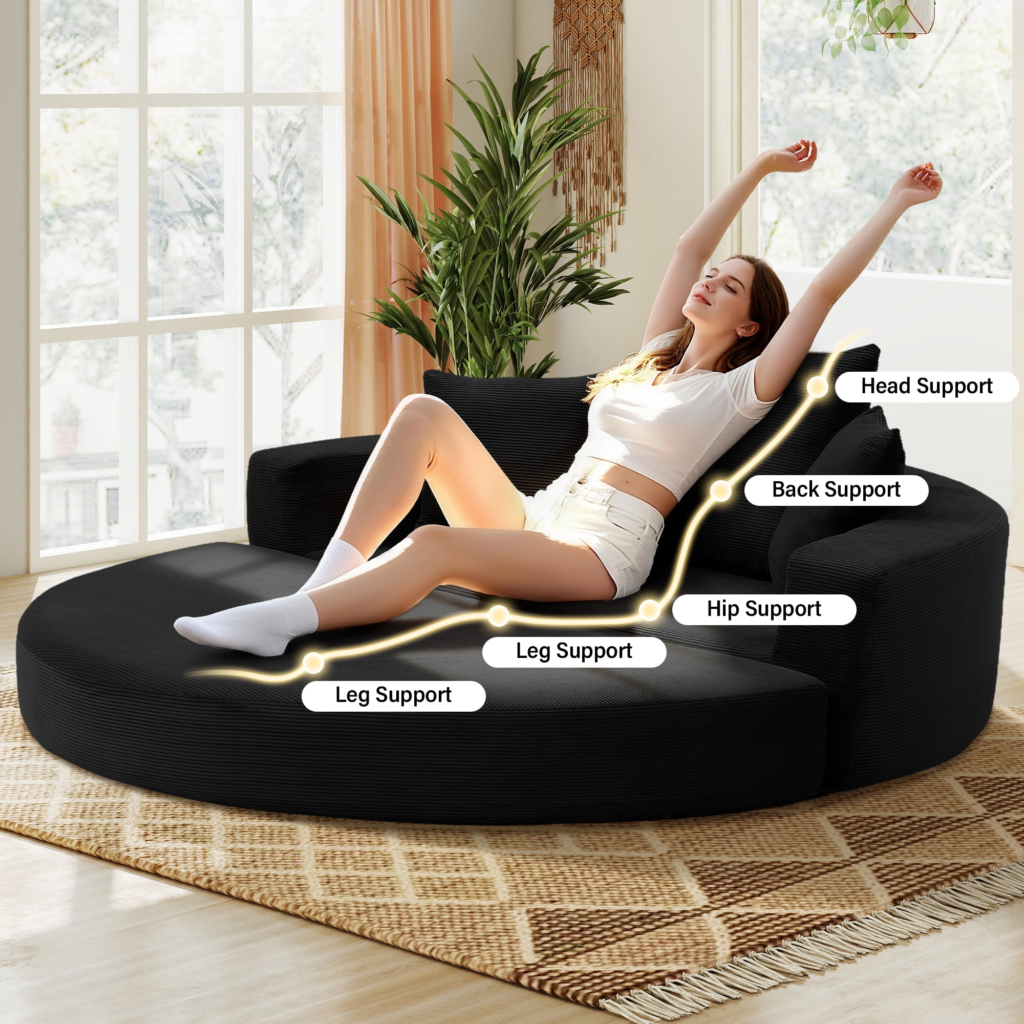 Aukfa 67" Round Convertible Folding Sofa Bed, Corduroy Futon Sleeper Couch with Pillows for Small Spaces and Living Rooms, Black
