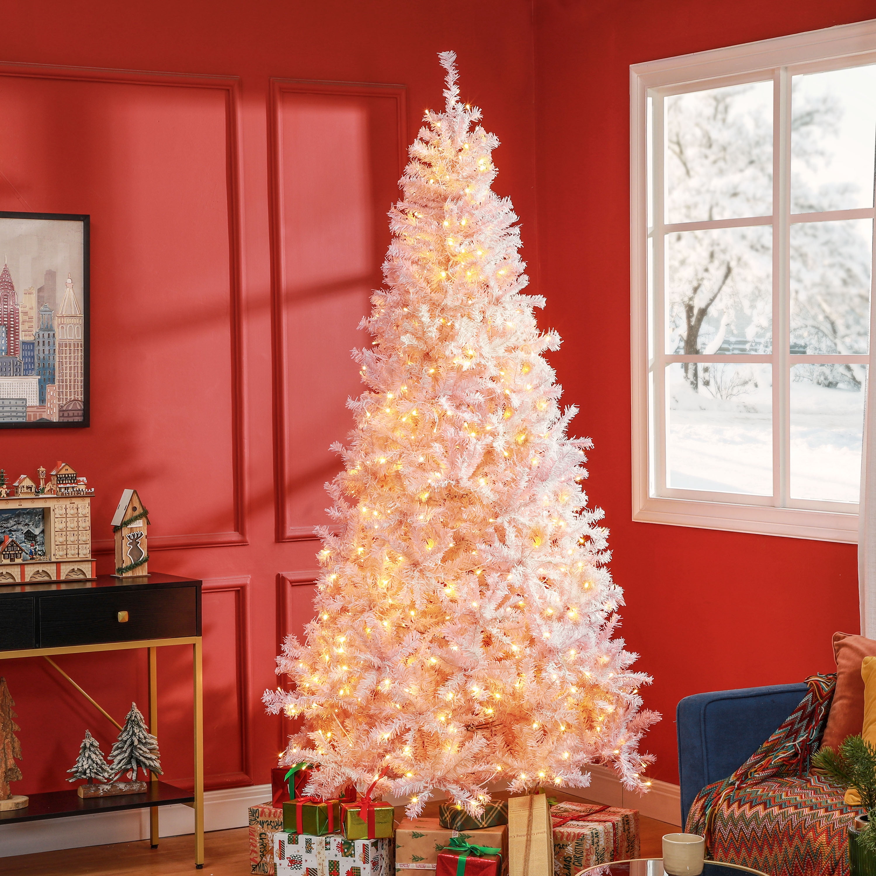 7.5ft Prelit Pink Christmas Tree 1346 Tips 500 Warm White LED Lights Metal Stand Indoor Decor